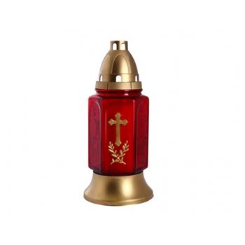 Svíčka hřbitovní LAMPA SKLO kříž červená 25cm